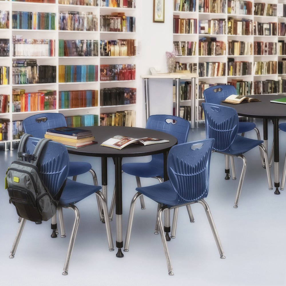 42 in. Round Adjustable Classroom Table- Grey & 4 Andy 18 in. Stack Chairs- Blue. Picture 6