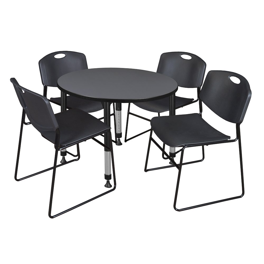 42 in. Round Adjustable Classroom Table- Grey & 4 Zeng Stack Chairs- Black. Picture 1