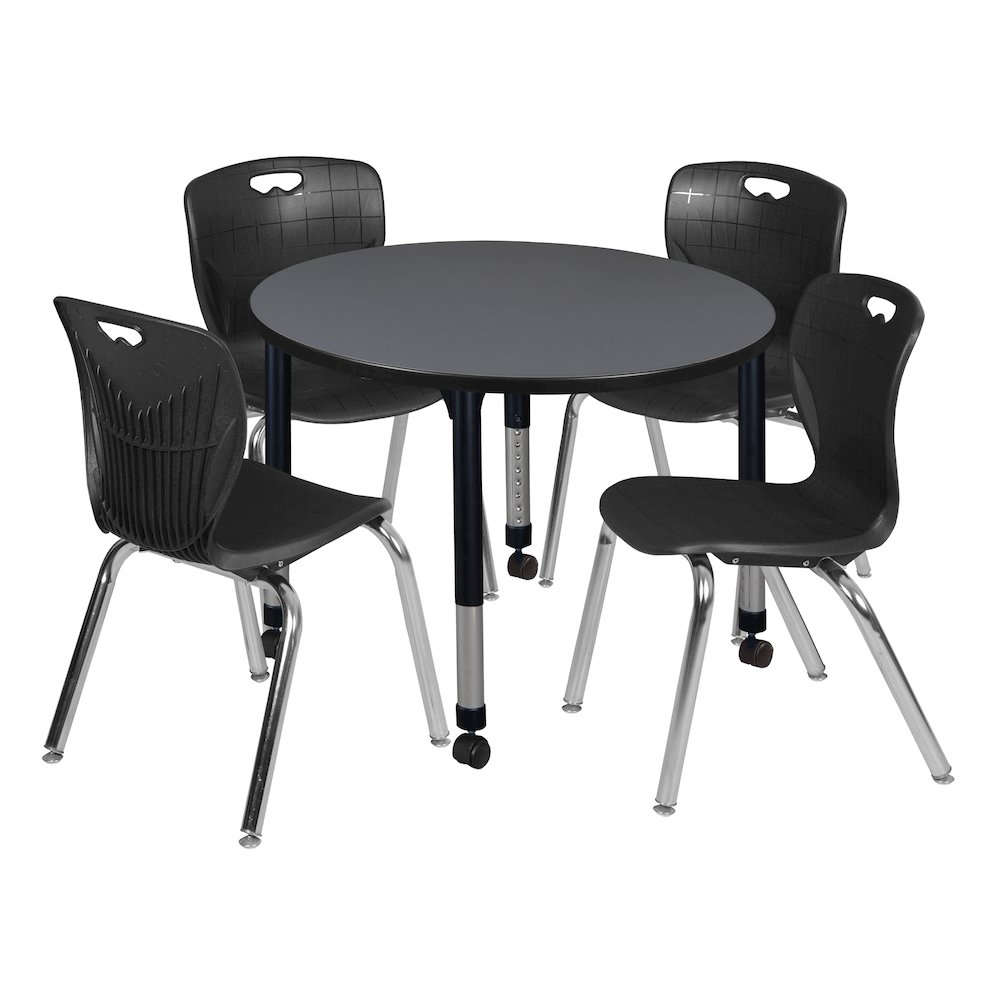42 Round Adjustable Classroom Table- Grey & 4 Andy 18 Stack Chairs- Black. Picture 1