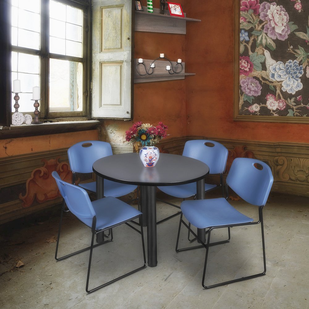 42 in Round Breakroom Table- Grey Top, Black Legs, 4 Zeng Stack Chairs- Blue. Picture 6
