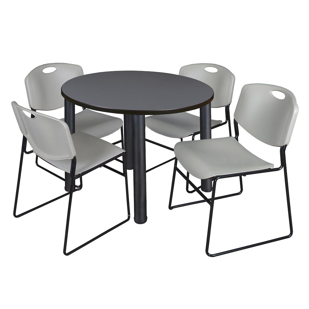 42 in Round Breakroom Table- Grey Top, Black Legs, 4 Zeng Stack Chairs- Grey. Picture 1