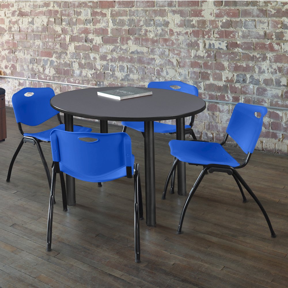 42 in Round Breakroom Table- Grey Top, Black Legs, 4 M Stack Chairs- Blue. Picture 6