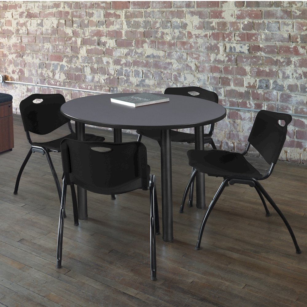 42 in Round Breakroom Table- Grey Top, Black Legs, 4 M Stack Chairs- Black. Picture 6