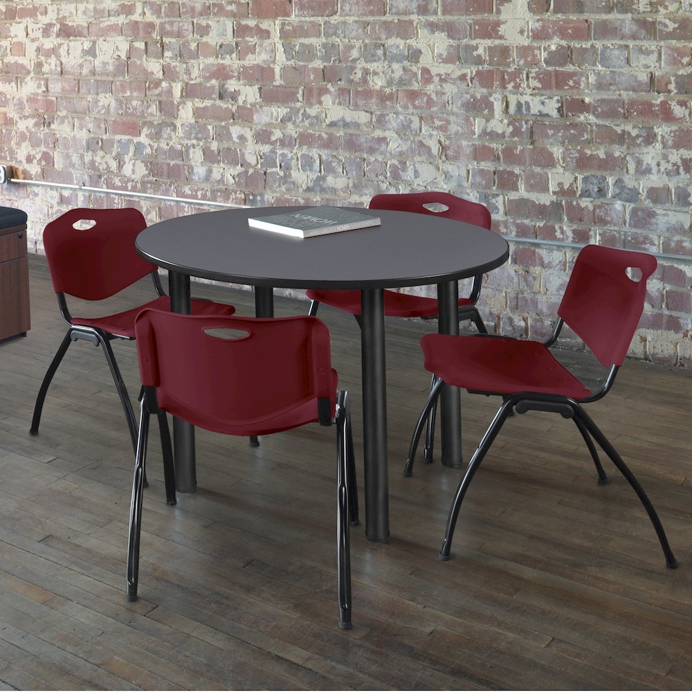 42 in Round Breakroom Table- Grey Top, Black Legs, 4 M Stack Chairs- Burgundy. Picture 6
