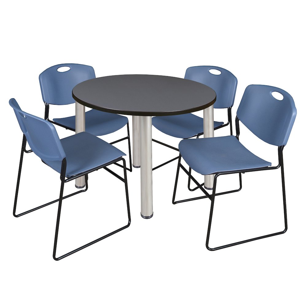 42 in Round Breakroom Table- Grey Top, Chrome Legs, 4 Zeng Stack Chairs- Blue. Picture 1