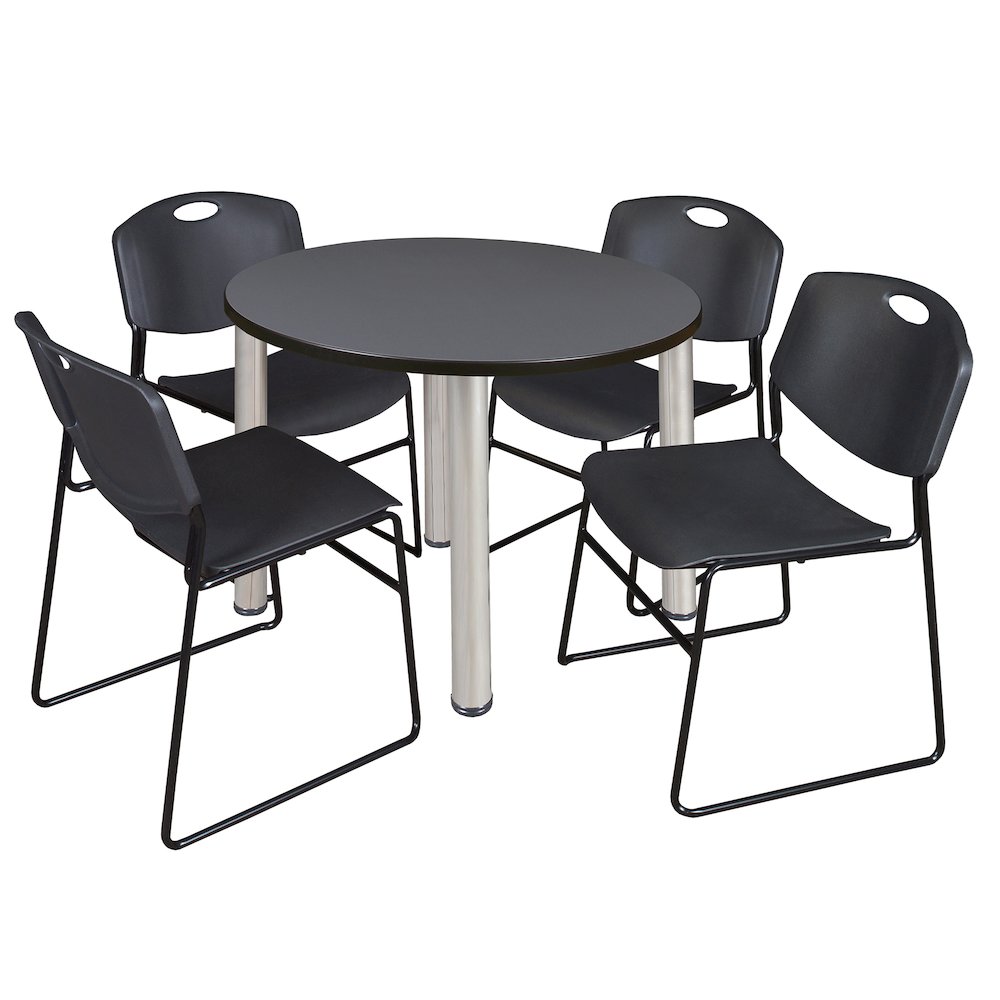42 in Round Breakroom Table- Grey Top, Chrome Legs, 4 Zeng Stack Chairs- Black. Picture 1