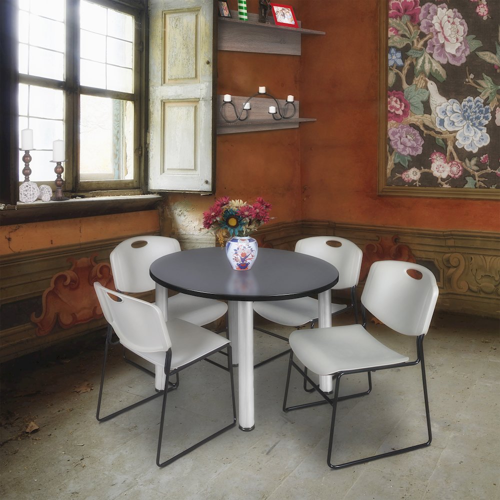 42 in Round Breakroom Table- Grey Top, Chrome Legs, 4 Zeng Stack Chairs- Grey. Picture 6