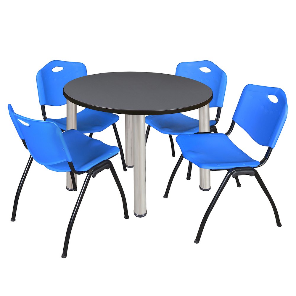 42 in Round Breakroom Table- Grey Top, Chrome Legs, 4 M Stack Chairs- Blue. Picture 1