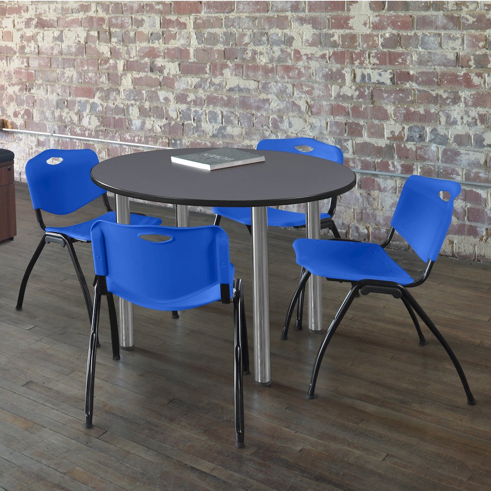 42 in Round Breakroom Table- Grey Top, Chrome Legs, 4 M Stack Chairs- Blue. Picture 6