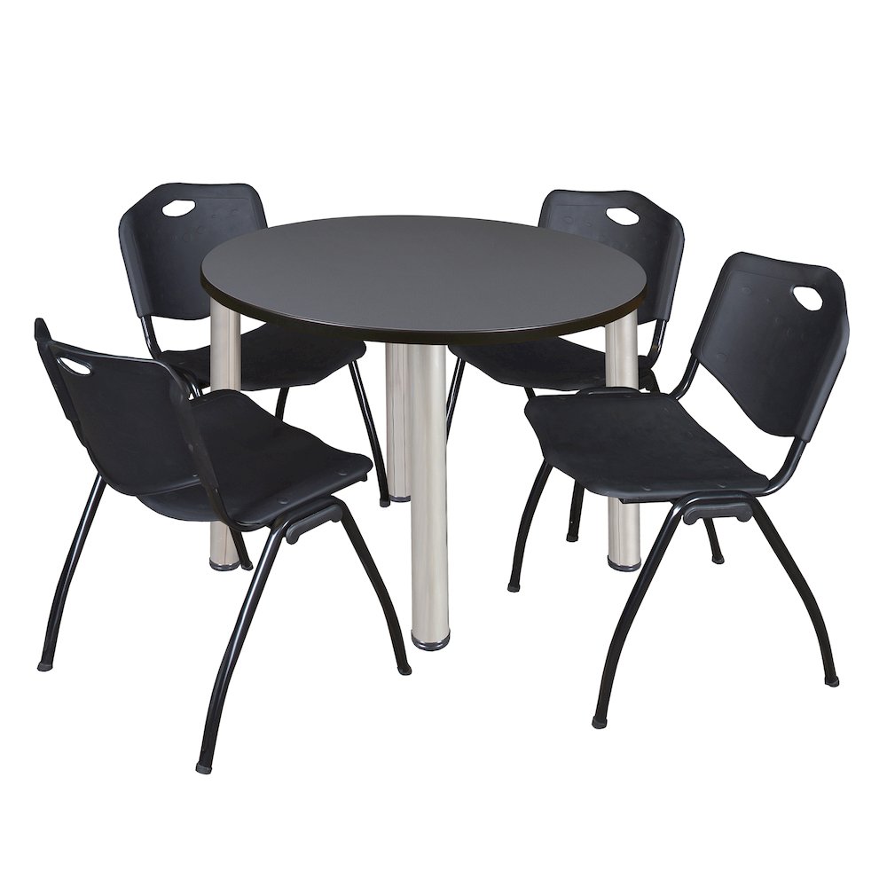 42 in Round Breakroom Table- Grey Top, Chrome Legs, 4 M Stack Chairs- Black. Picture 1
