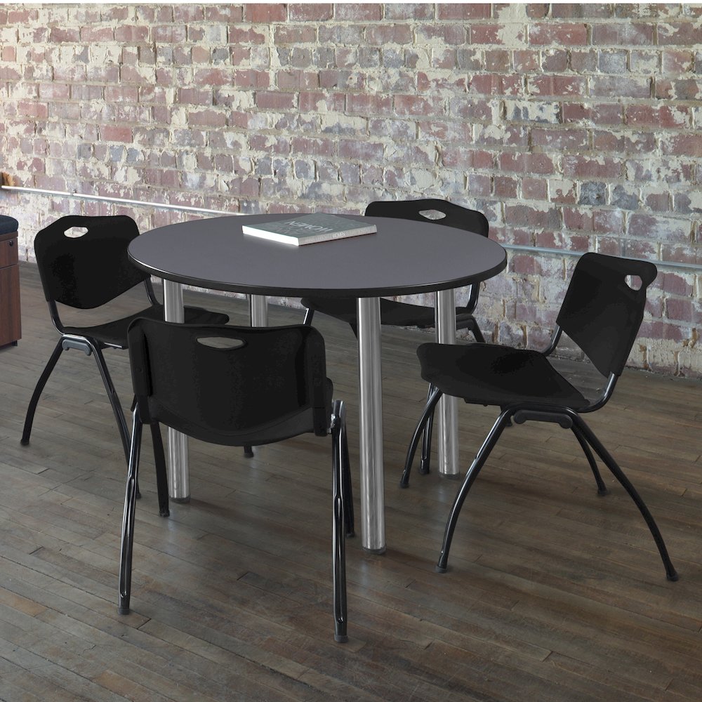42 in Round Breakroom Table- Grey Top, Chrome Legs, 4 M Stack Chairs- Black. Picture 6
