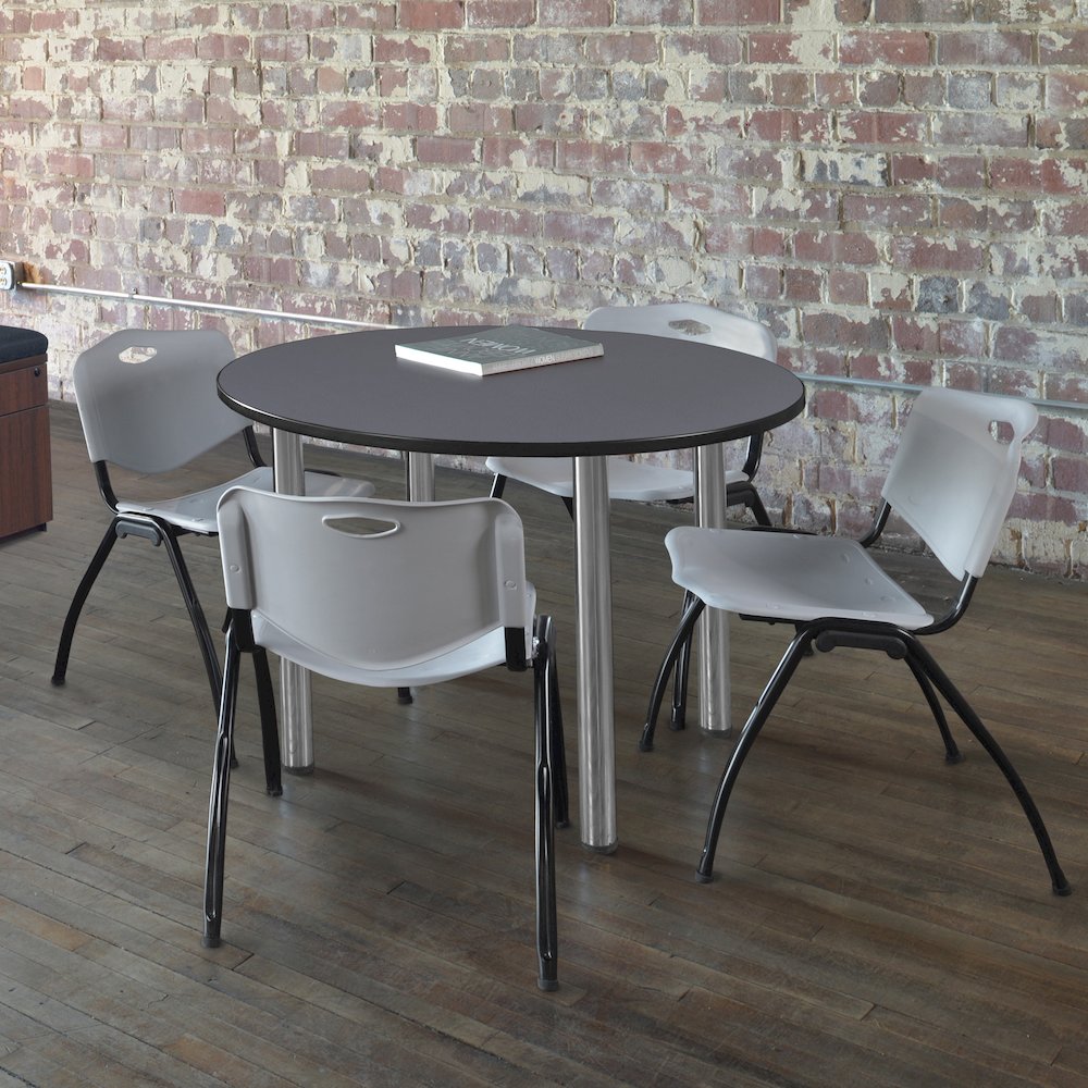 42 in Round Breakroom Table- Grey Top, Chrome Legs, 4 M Stack Chairs- Grey. Picture 6
