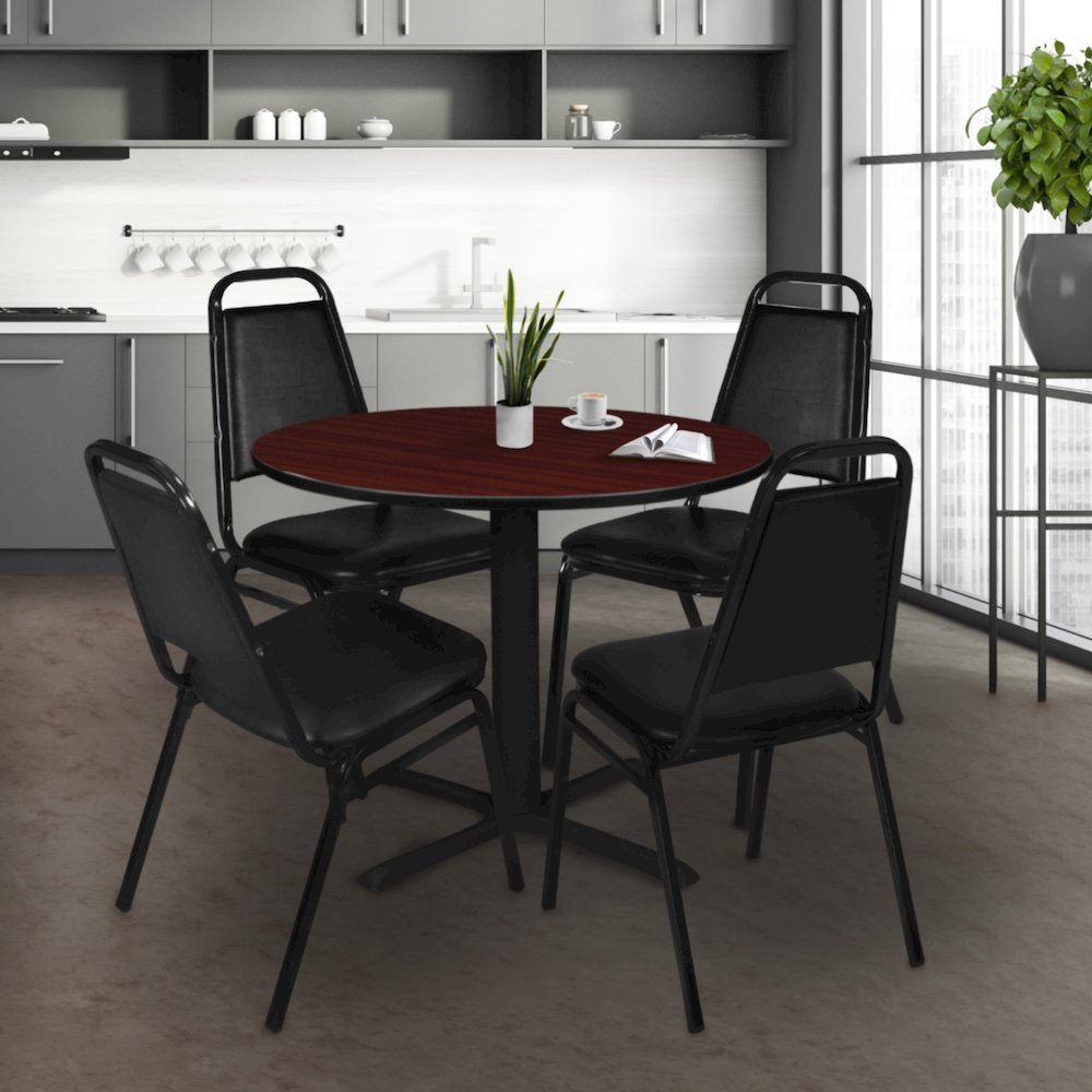 42 in. Round X-Base Breakroom Table- Mahogany & 4 Restaurant Stack Chairs- Black. Picture 8