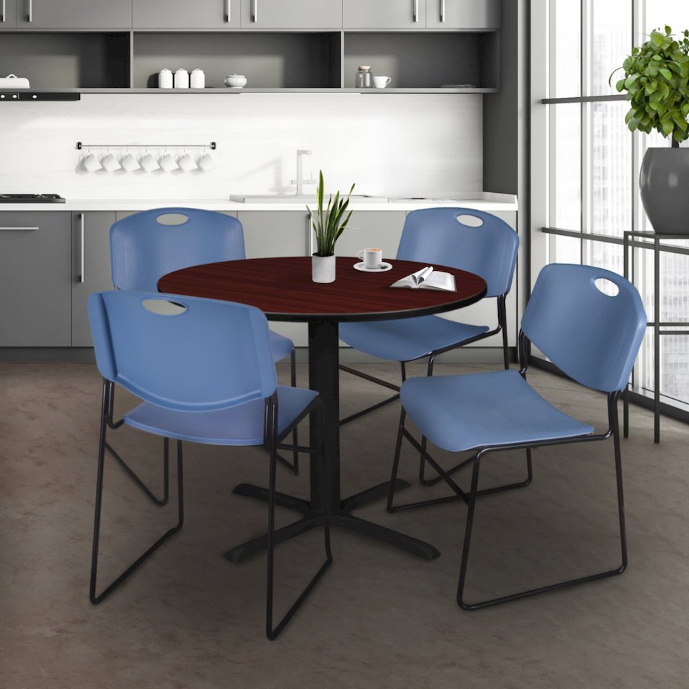 42 in. Round X-Base Breakroom Table- Mahogany & 4 Zeng Stack Chairs- Blue. Picture 8