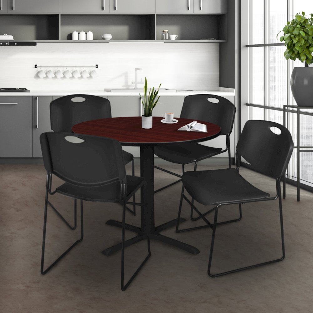42 in. Round X-Base Breakroom Table- Mahogany & 4 Zeng Stack Chairs- Black. Picture 8