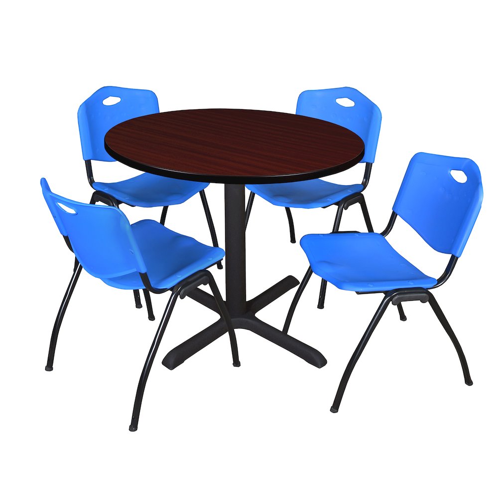 42 in. Round X-Base Breakroom Table- Mahogany & 4 M Stack Chairs- Blue. Picture 1
