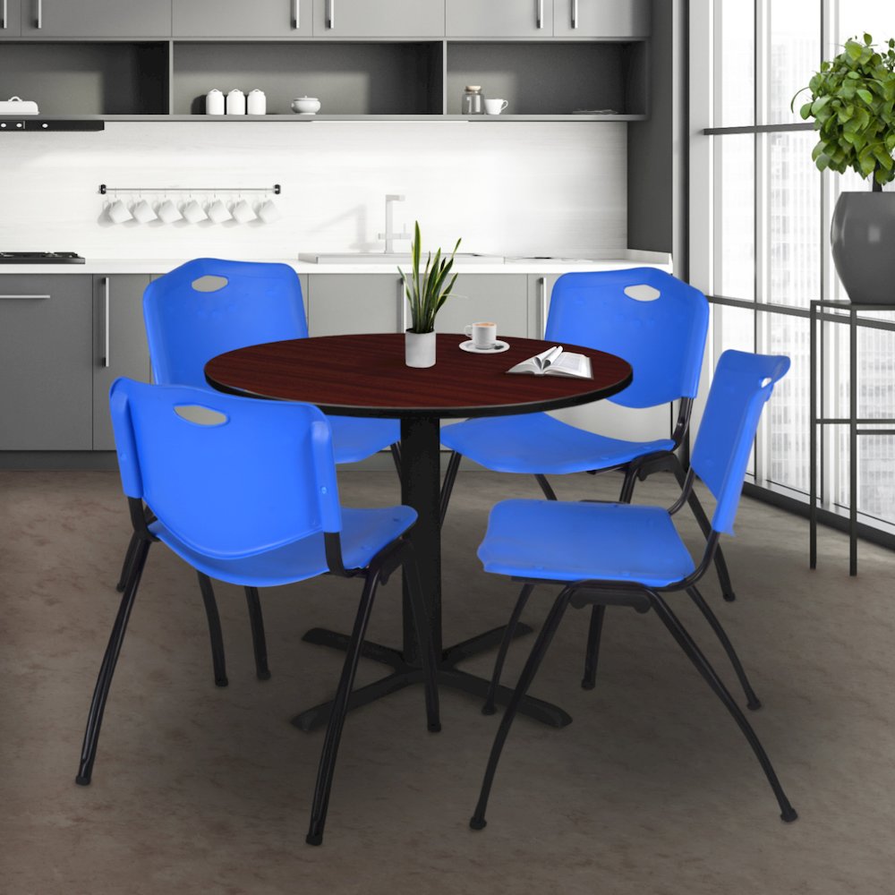 42 in. Round X-Base Breakroom Table- Mahogany & 4 M Stack Chairs- Blue. Picture 8