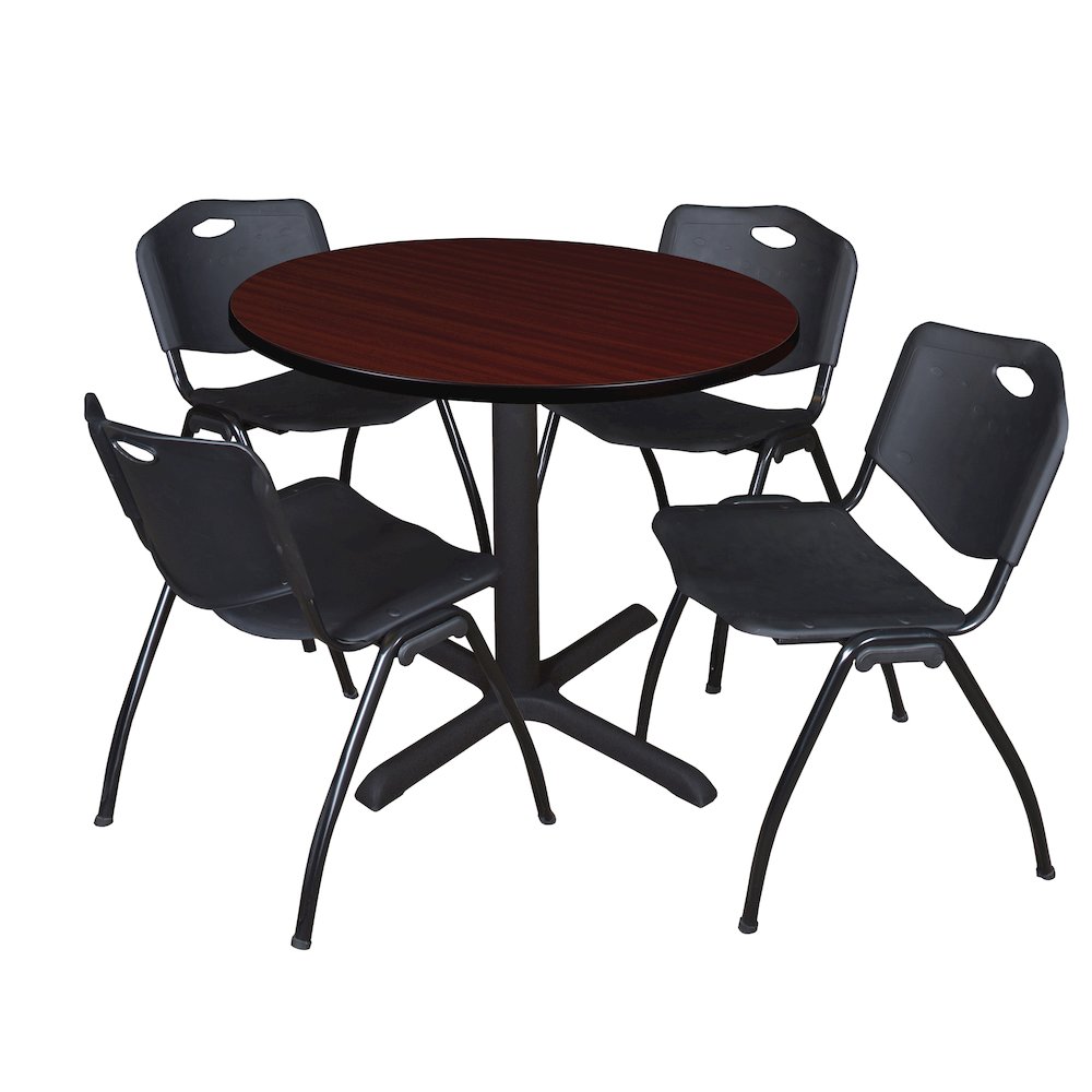 42 in. Round X-Base Breakroom Table- Mahogany & 4 M Stack Chairs- Black. Picture 1