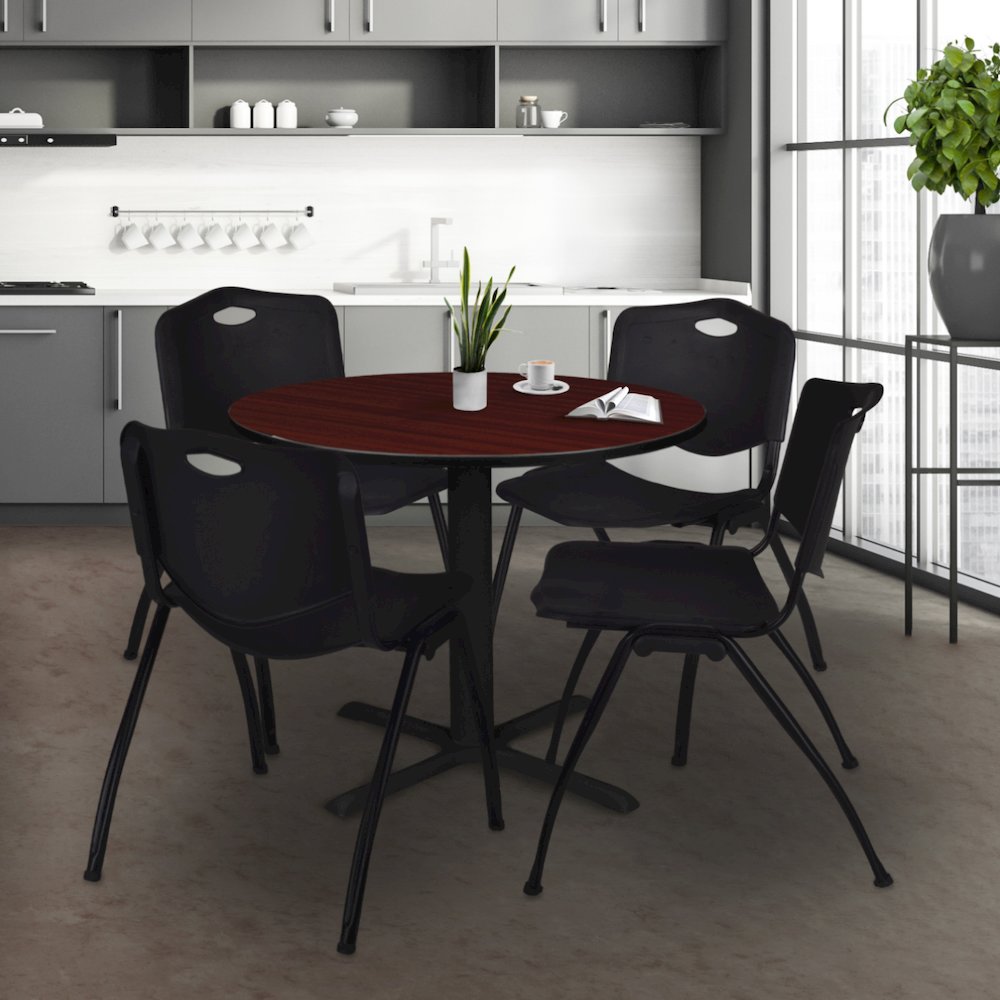 42 in. Round X-Base Breakroom Table- Mahogany & 4 M Stack Chairs- Black. Picture 8