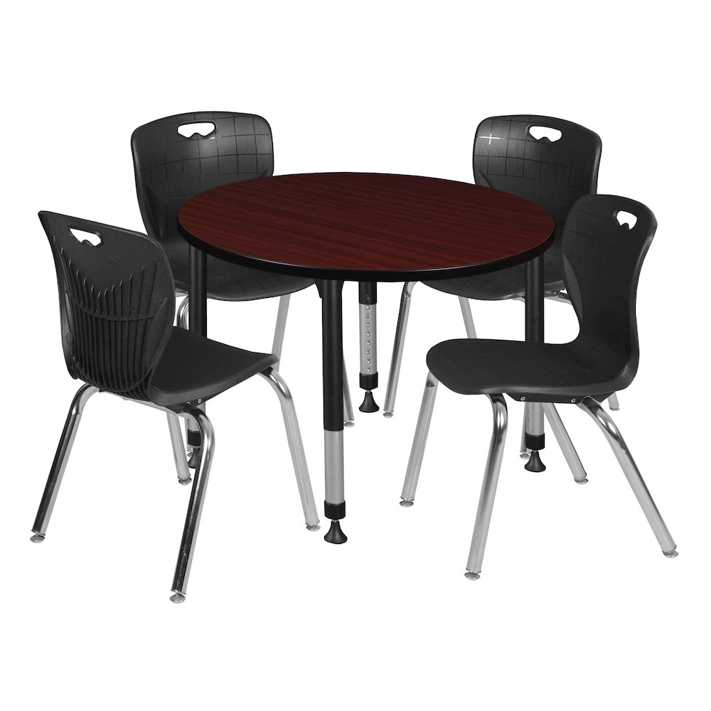 42 Round Adjustable Classroom Table- Mahogany & 4 Andy 18 Stack Chairs- Black. Picture 1