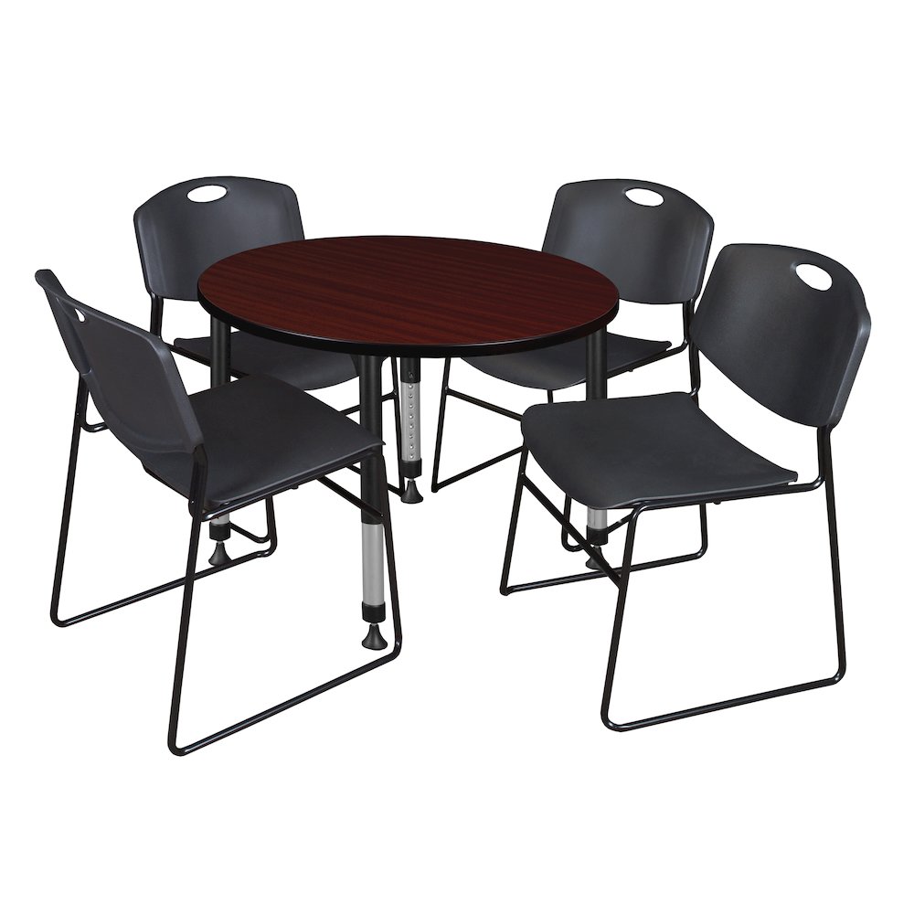 42 in. Round Adjustable Classroom Table- Mahogany & 4 Zeng Stack Chairs- Black. Picture 1