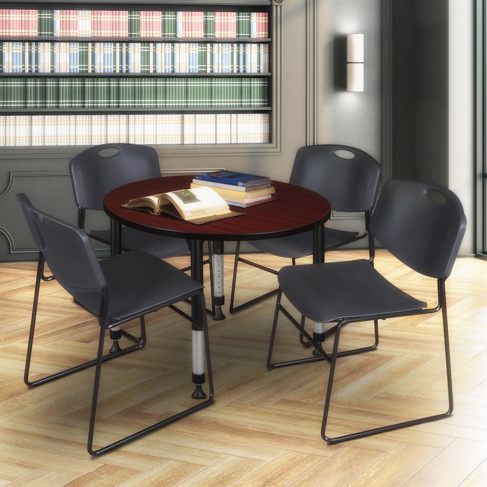 42 in. Round Adjustable Classroom Table- Mahogany & 4 Zeng Stack Chairs- Black. Picture 6