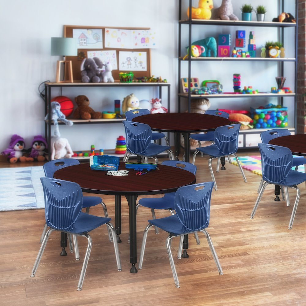 42 Round Adjustable Classroom Table- Mahogany & 4 Andy 12 Stack Chairs- Blue. Picture 6