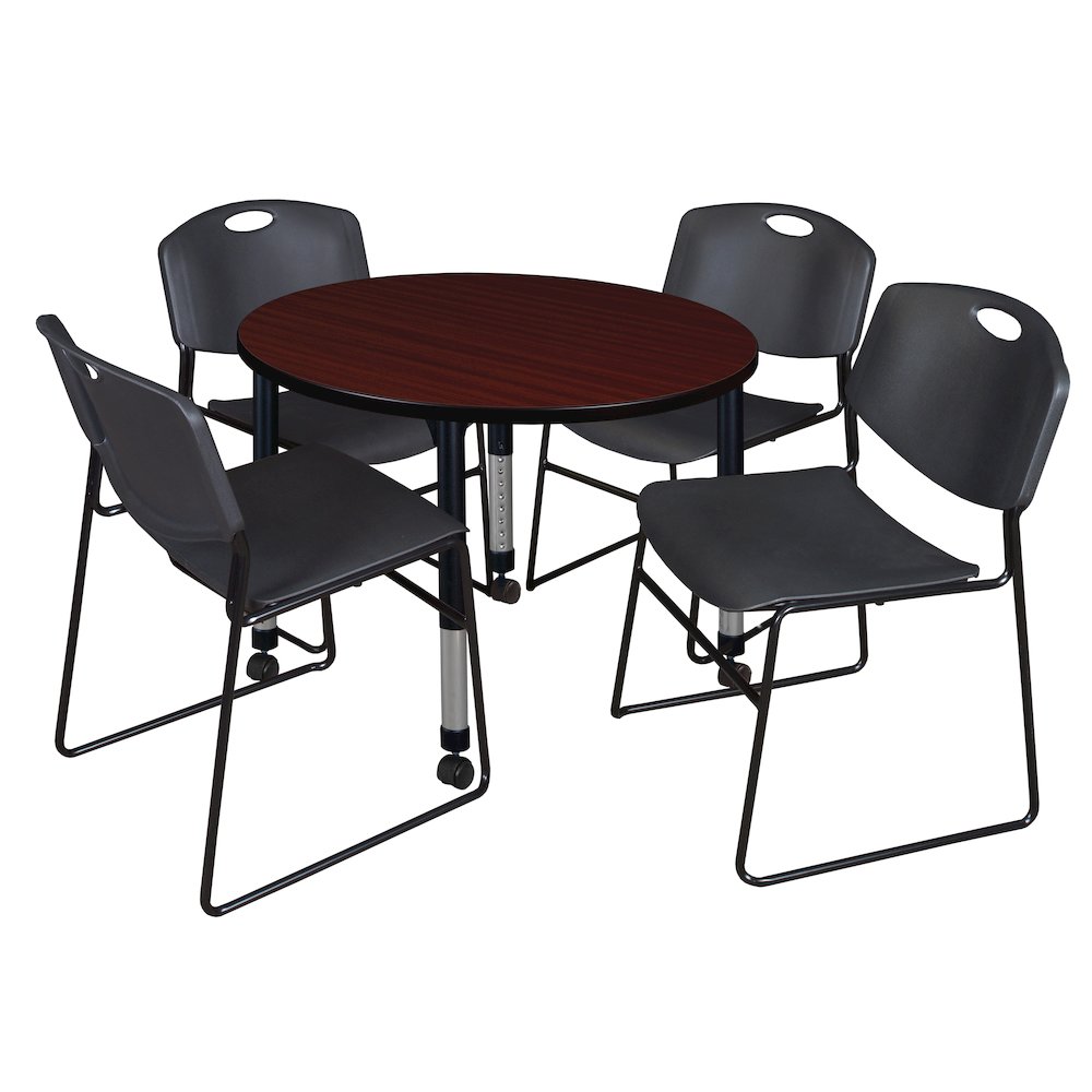 42 Round Mobile Classroom Table- Mahogany & 4 Zeng Stack Chairs- Black. Picture 1