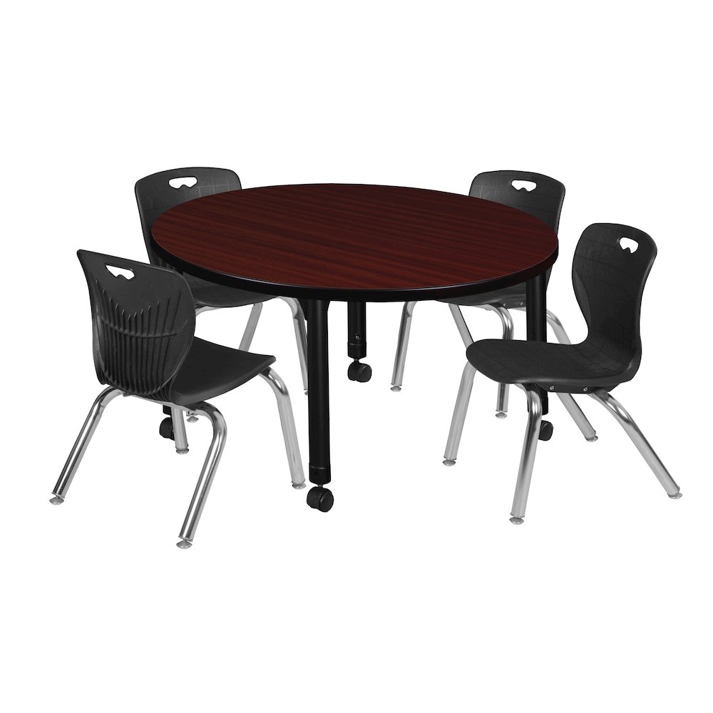 42 Round Adjustable Classroom Table- Mahogany & 4 Andy 12 Stack Chairs- Black. Picture 1