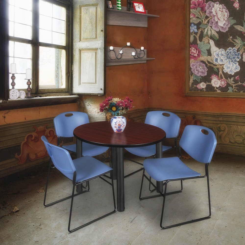 42 in Round Breakroom Table- Mahogany Top, Black Legs, 4 Zeng Stack Chairs- Blue. Picture 6