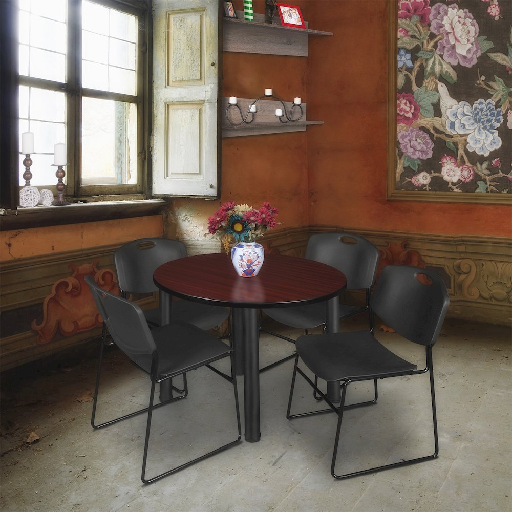42 Round Breakroom Table- Mahogany Top, Black Legs, 4 Zeng Stack Chairs- Black. Picture 6