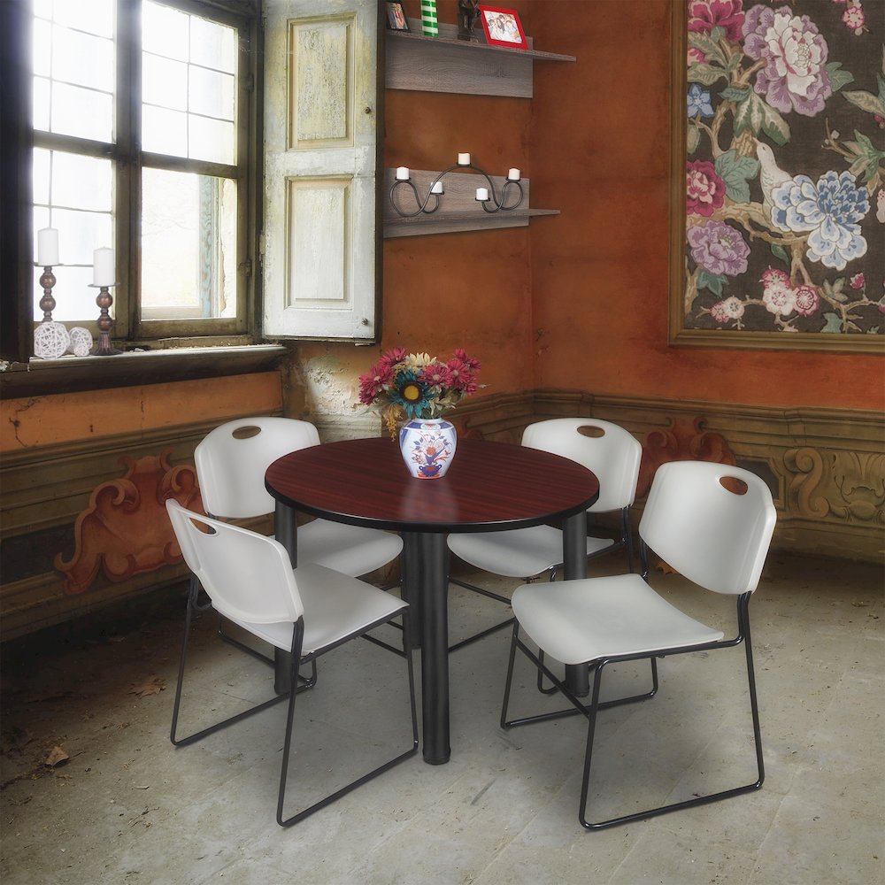 42 in Round Breakroom Table- Mahogany Top, Black Legs, 4 Zeng Stack Chairs- Grey. Picture 6