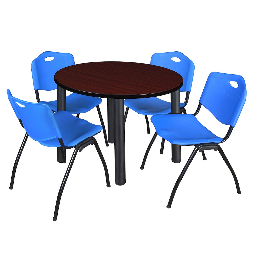 42 in Round Breakroom Table- Mahogany Top, Black Legs, 4 M Stack Chairs- Blue. Picture 1