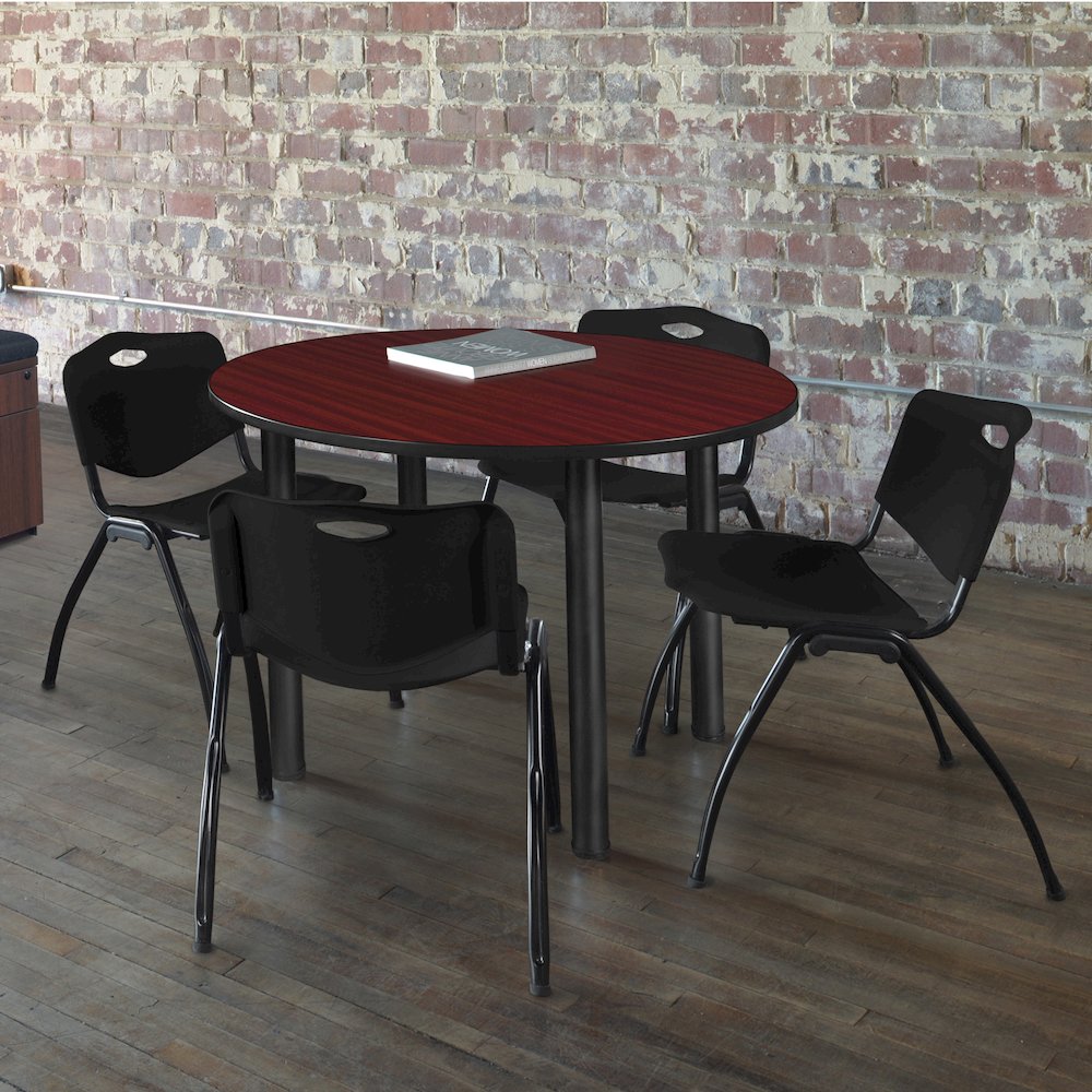 42 in Round Breakroom Table- Mahogany Top, Black Legs, 4 M Stack Chairs- Black. Picture 6