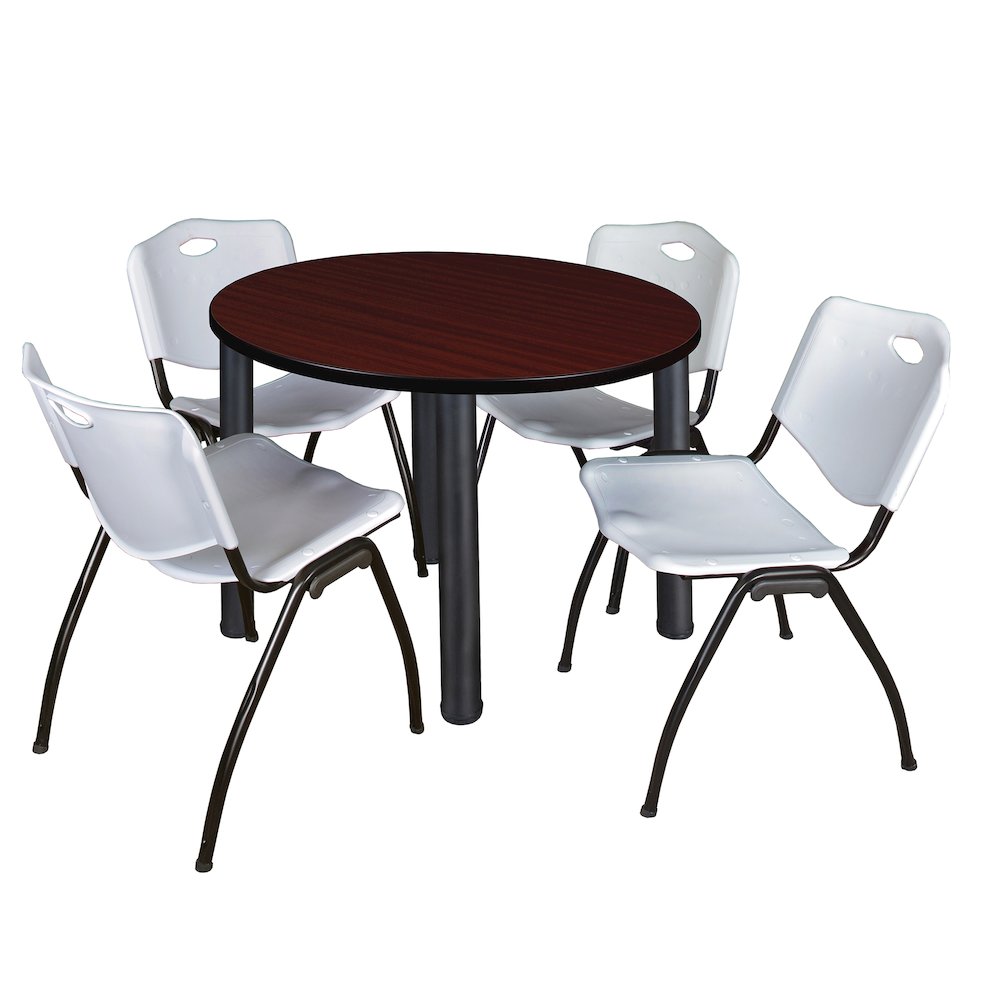 42 in Round Breakroom Table- Mahogany Top, Black Legs, 4 M Stack Chairs- Grey. Picture 1