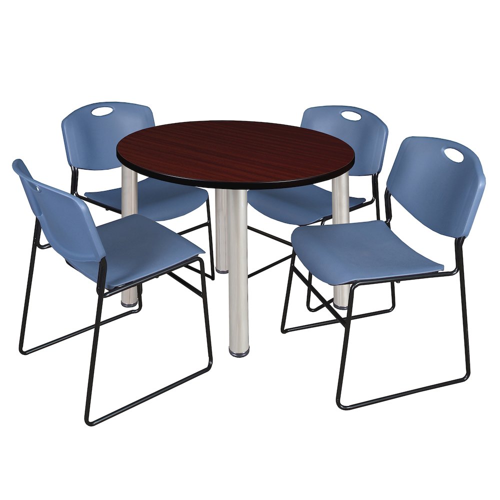 42 Round Breakroom Table- Mahogany Top, Chrome Legs, 4 Zeng Stack Chairs- Blue. Picture 1
