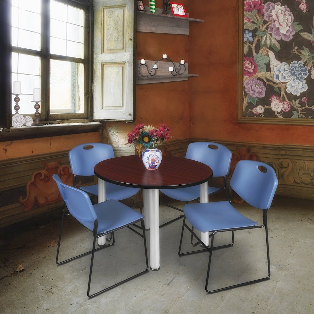 42 Round Breakroom Table- Mahogany Top, Chrome Legs, 4 Zeng Stack Chairs- Blue. Picture 6