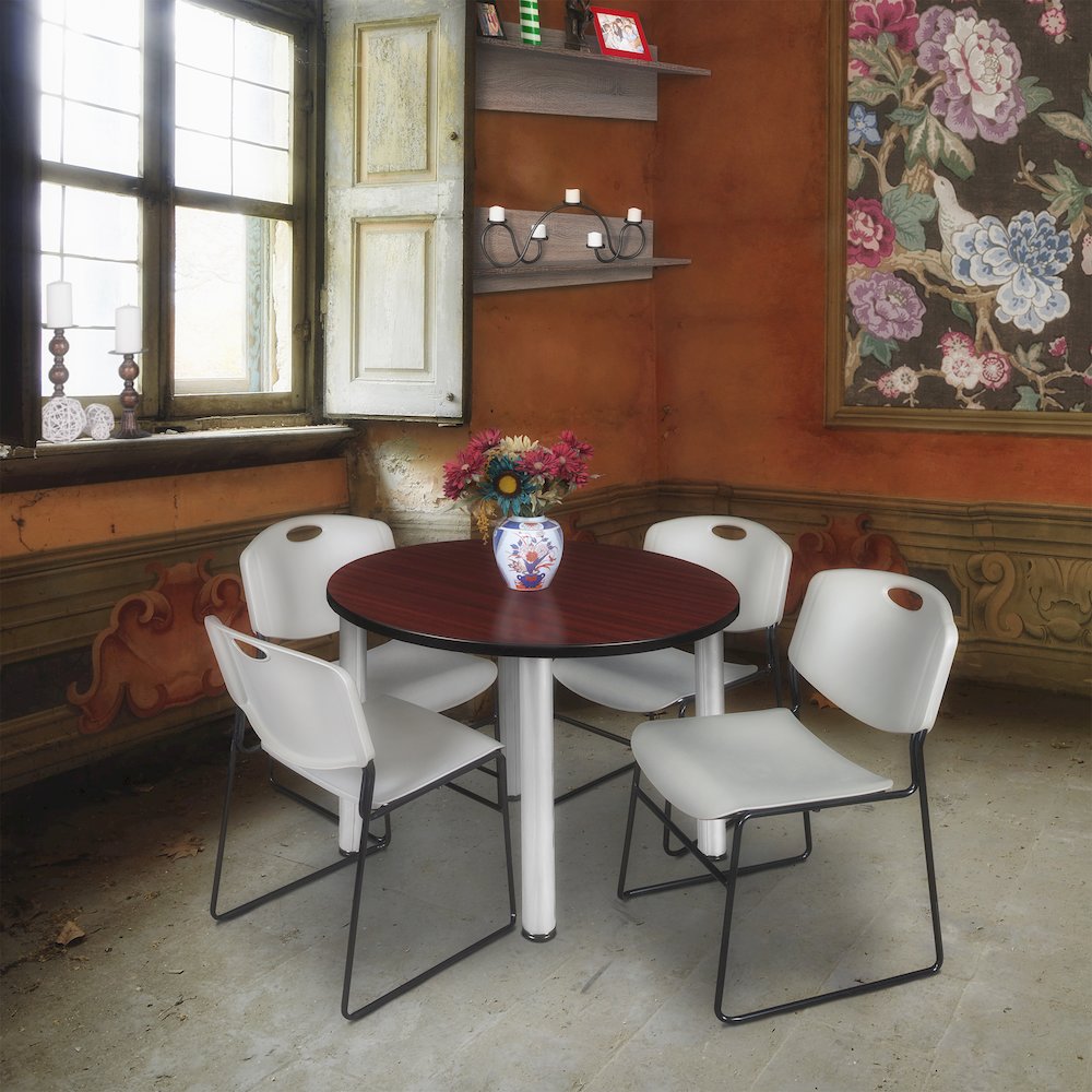 42 Round Breakroom Table- Mahogany Top, Chrome Legs, 4 Zeng Stack Chairs- Grey. Picture 6