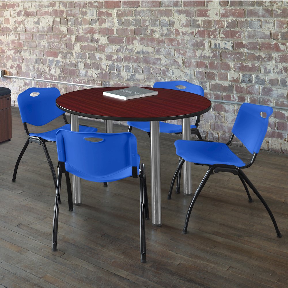 42 in Round Breakroom Table- Mahogany Top, Chrome Legs, 4 M Stack Chairs- Blue. Picture 6