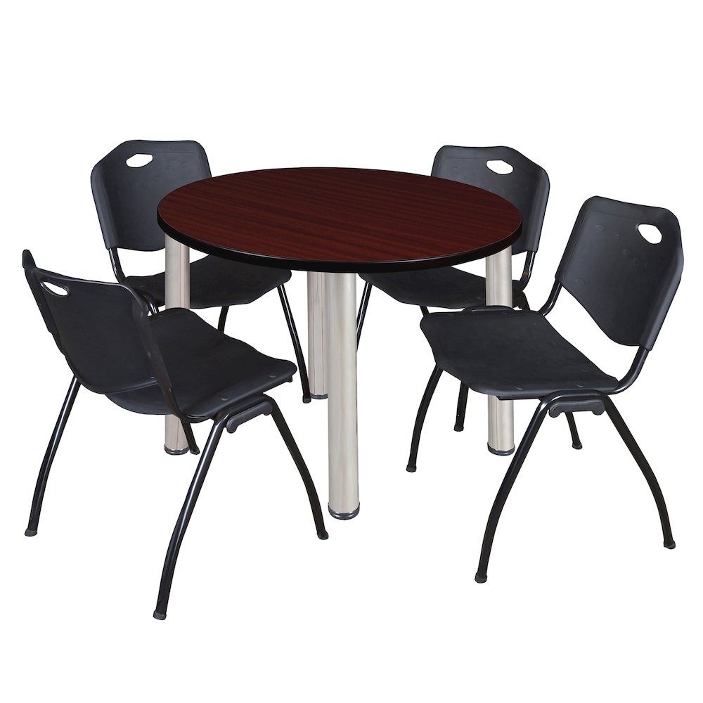 42 in Round Breakroom Table- Mahogany Top, Chrome Legs, 4 M Stack Chairs- Black. Picture 1