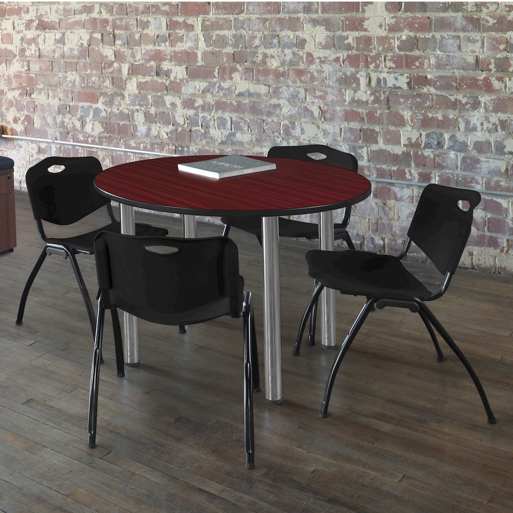 42 in Round Breakroom Table- Mahogany Top, Chrome Legs, 4 M Stack Chairs- Black. Picture 6