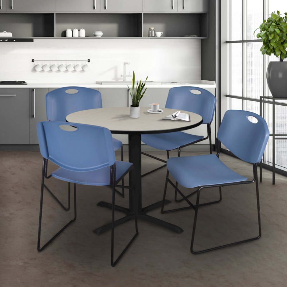 42 in. Round X-Base Breakroom Table- Maple & 4 Zeng Stack Chairs- Blue. Picture 8
