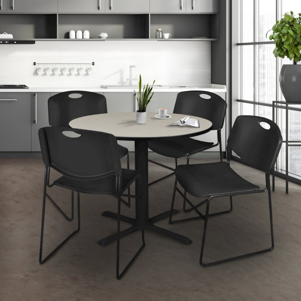 42 in. Round X-Base Breakroom Table- Maple & 4 Zeng Stack Chairs- Black. Picture 8