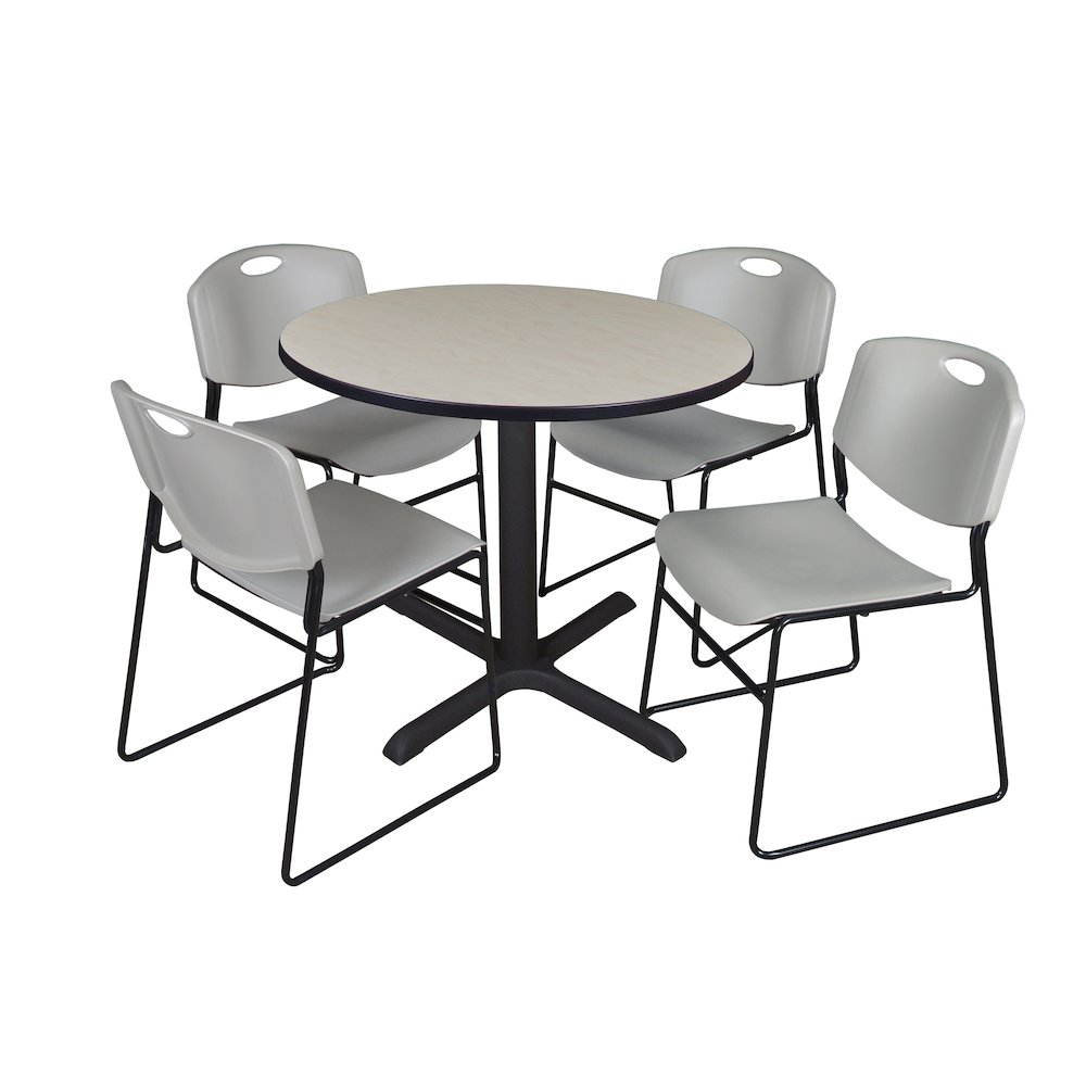 42 in. Round X-Base Breakroom Table- Maple & 4 Zeng Stack Chairs- Grey. Picture 1