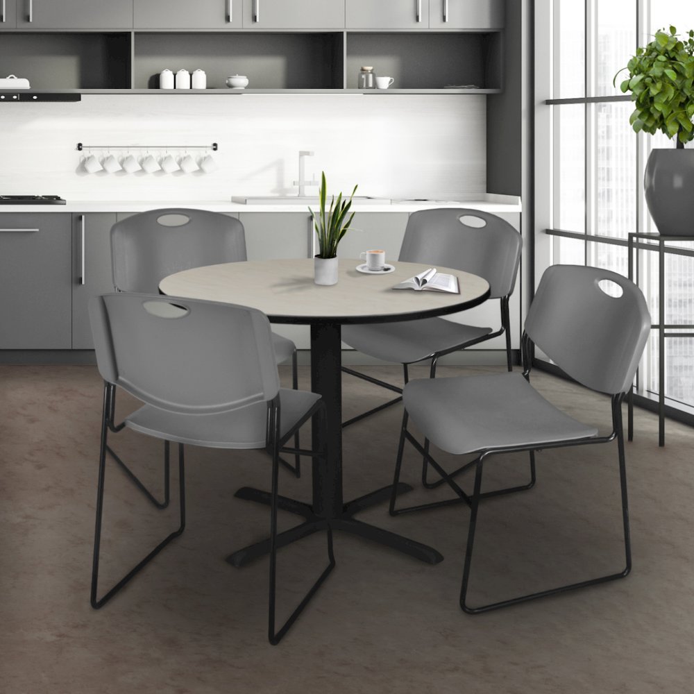 42 in. Round X-Base Breakroom Table- Maple & 4 Zeng Stack Chairs- Grey. Picture 8