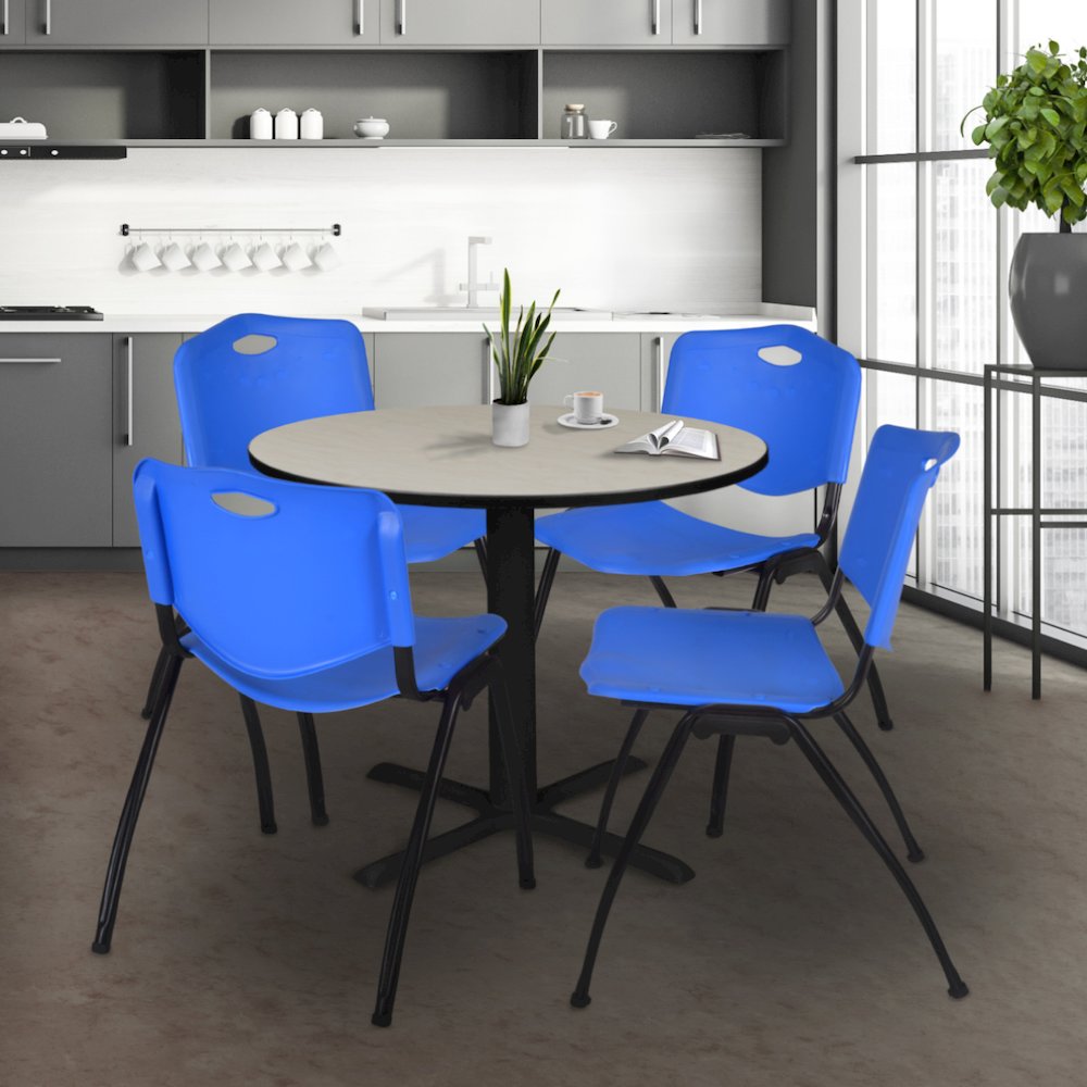 42 in. Round X-Base Breakroom Table- Maple & 4 M Stack Chairs- Blue. Picture 8