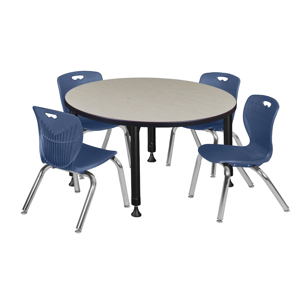 Kee 42" Round Height Adjustable Classroom Table - Maple & 4 Andy 12-in Stack Chairs- Navy Blue. Picture 1