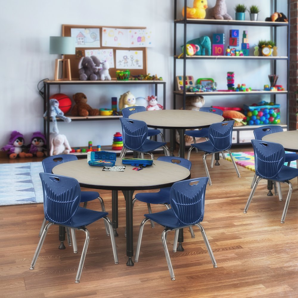 42 Round Adjustable Classroom Table- Maple & 4 Andy 12 Stack Chairs- Blue. Picture 6