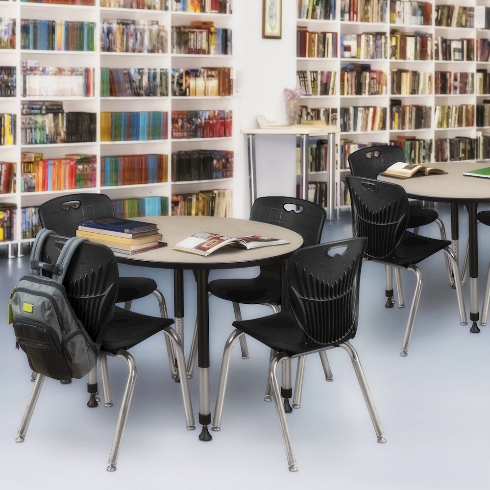 42 Round Adjustable Classroom Table- Maple & 4 Andy 18 Stack Chairs- Black. Picture 6