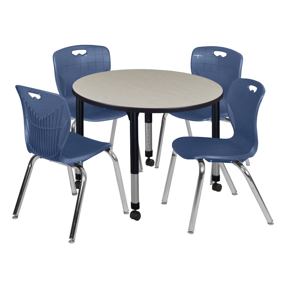42 Round Adjustable Classroom Table- Maple & 4 Andy 18 Stack Chairs- Blue. Picture 1
